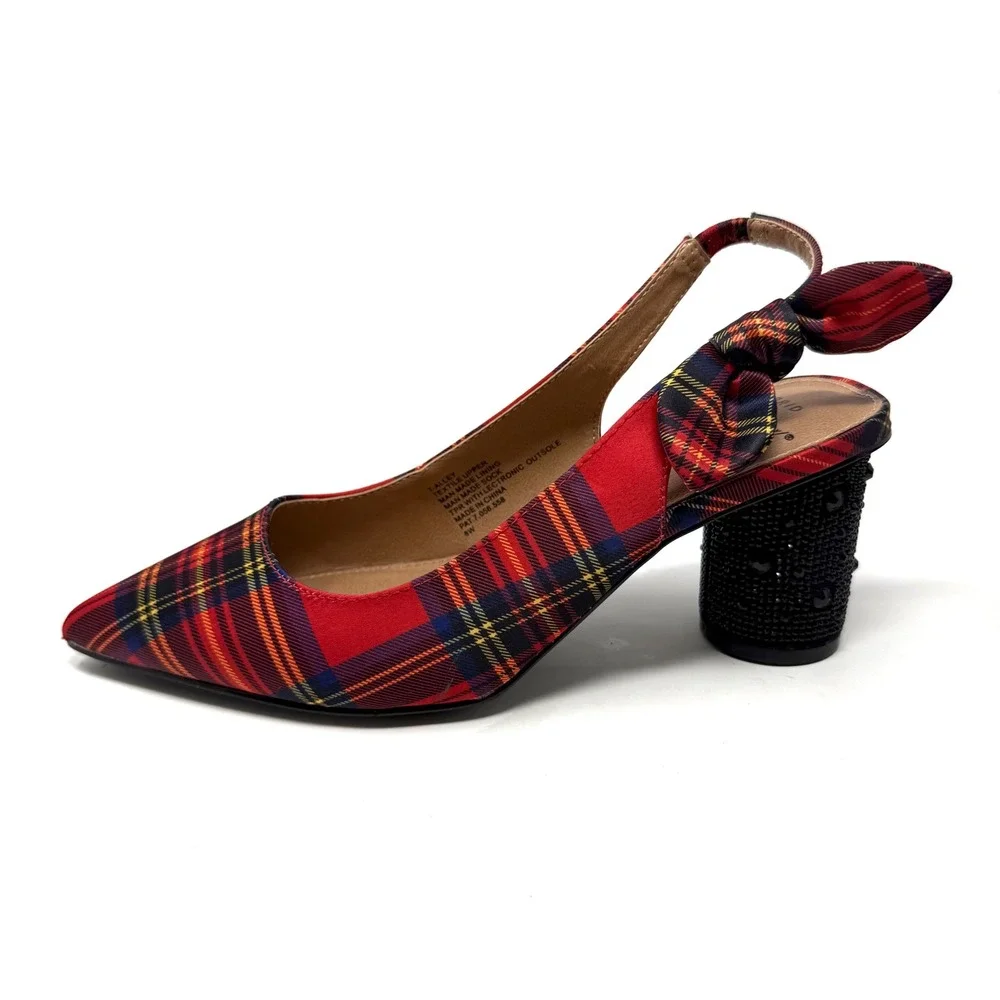 Betsey Johnson Torrid Red Plaid Slingback Block Heels Rhinestone Bow Pumps 8W‎